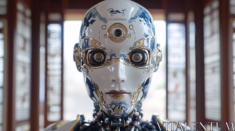 Artistic Robot with Blue and Gold Patterns AI Image