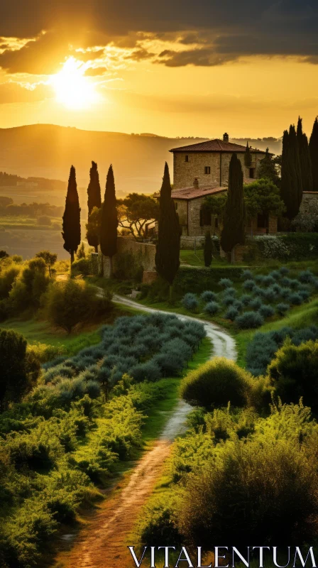Captivating Sunset Over the Hillside of a House in Tuscany AI Image