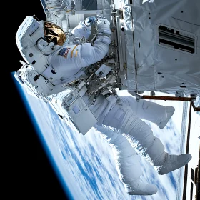 Floating Astronaut Near Space Station