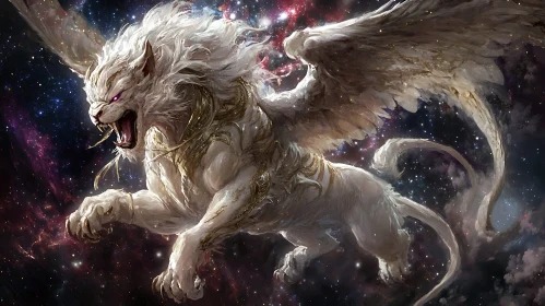 Winged Lion Leaping Through Starry Space