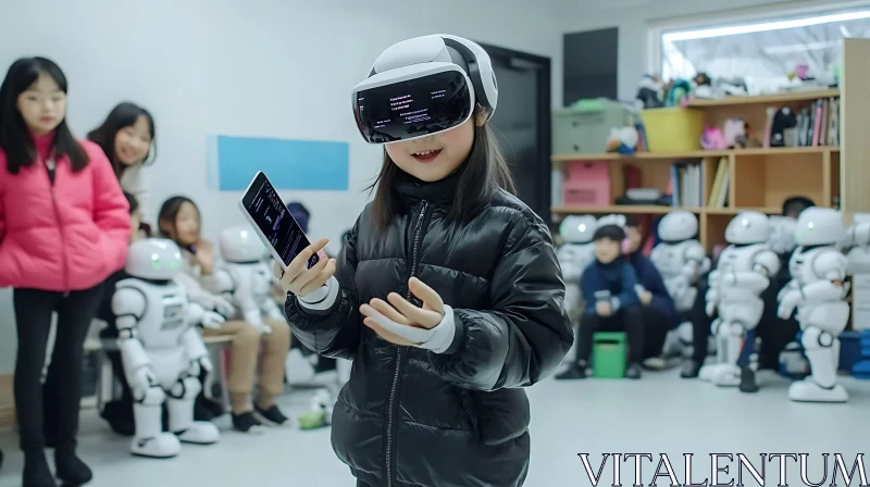 Girl with VR headset and robots AI Image