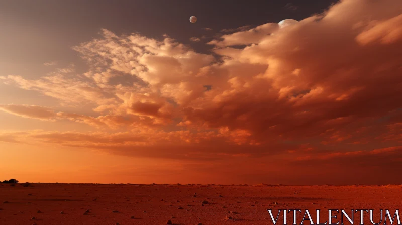 Deserted Landscape near Mars with Dramatic Clouds in Dark Orange and Light Crimson AI Image