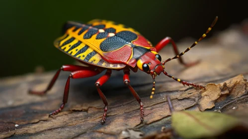 Detailed Photorealistic Bug on a Colorful Woodcarving