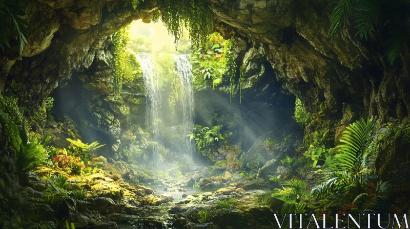 AI ART Mystical Sunlit Cave with Waterfall