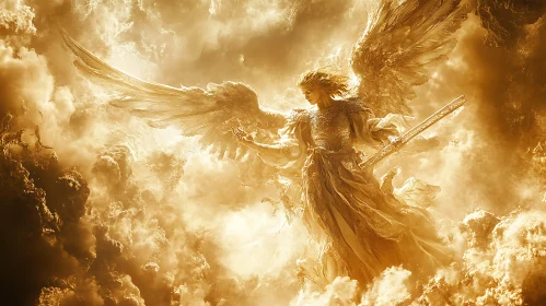 Angel with Sword in Golden Sky