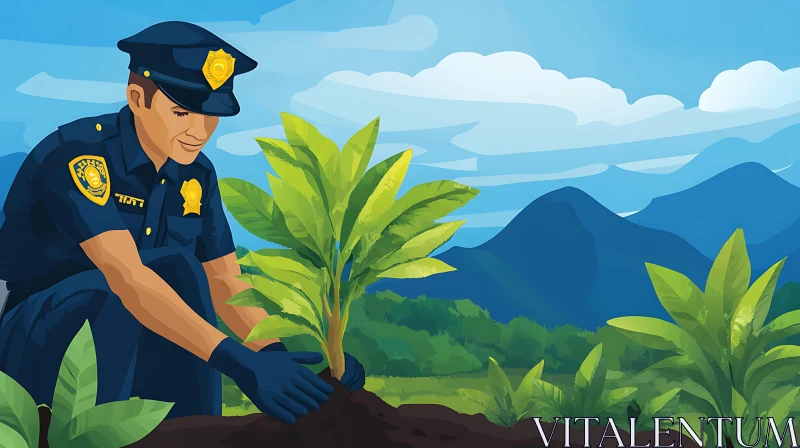 Police Officer Plants a Tree AI Image