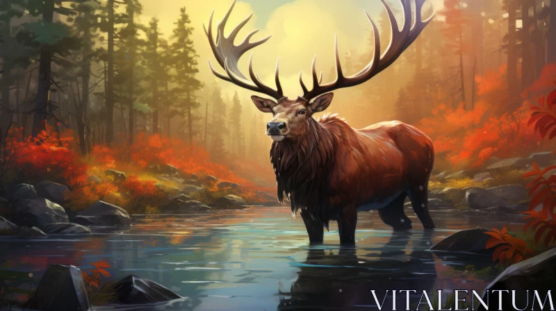 Majestic Deer in River - Autumnal Tranquility AI Image