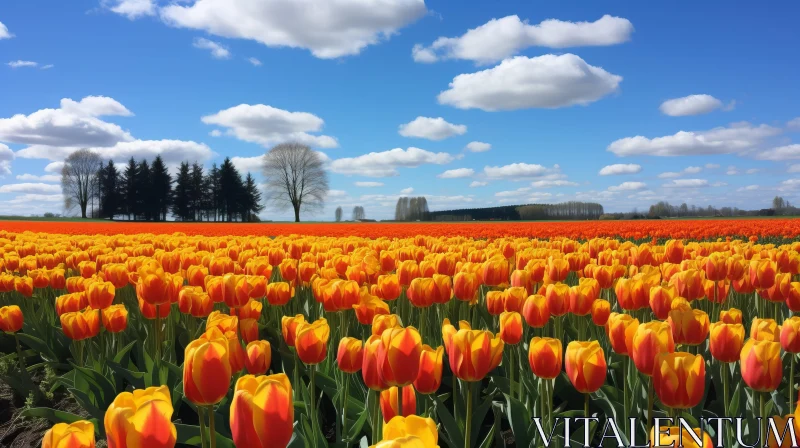 Orange Tulips in Field - A Colorful Rural Landscape AI Image