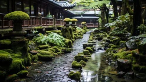 Serene Nature Garden with Zen Buddhism Influence and Luminosity of Water