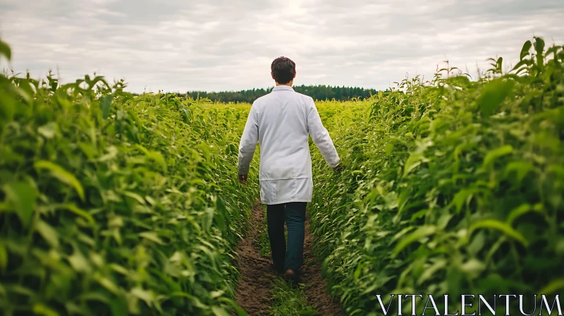 AI ART Scientist Walking Through Green Field