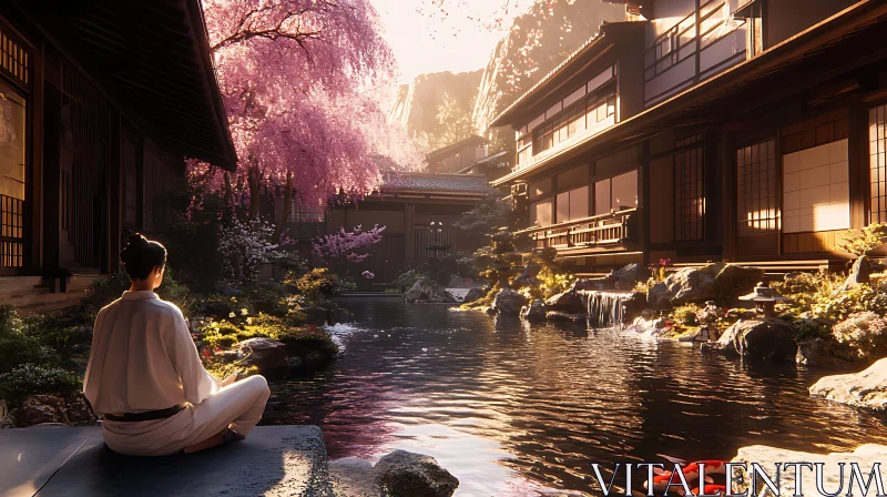 Zen Garden Meditation Scene with Cherry Blossoms AI Image