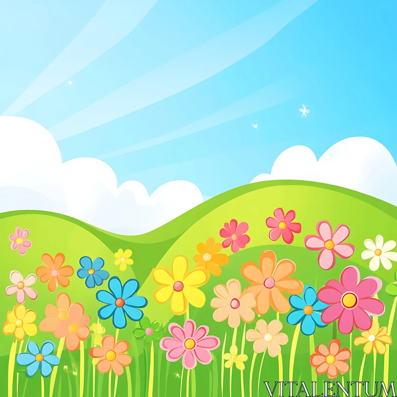 AI ART Floral Meadow Under Blue Sky