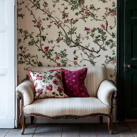 Floral Wallpaper and Vintage Couch Setting