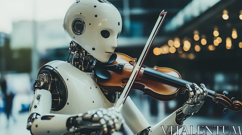 Advanced Robot Violinist Performing in Modern Cityscape AI Image