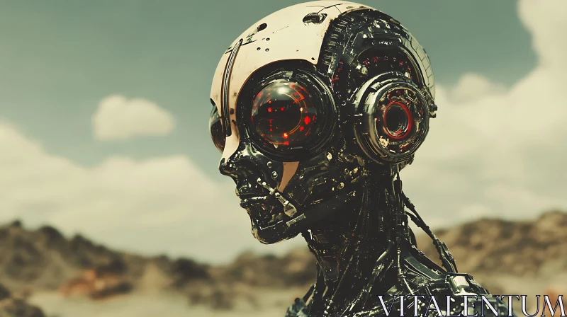 Cyborg With Red Eyes in the Desert AI Image