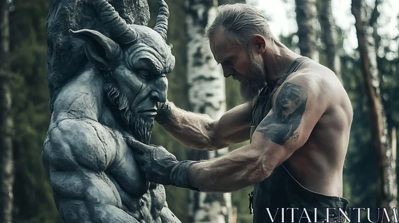 AI ART Man Carving a Demon Statue in Forest