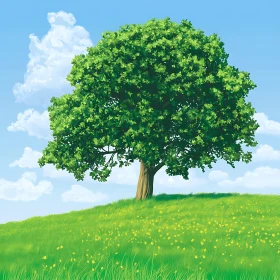 Lush Tree on Green Hill with Blue Sky