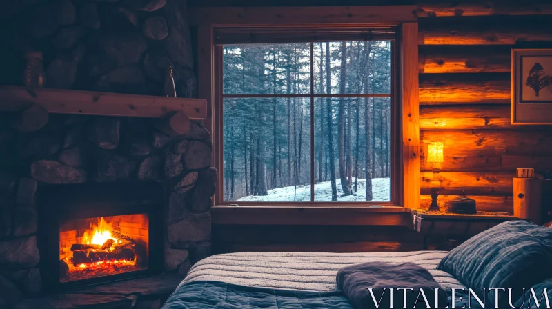 Winter Cabin Interior with Fireplace and Forest View AI Image