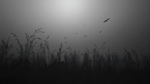 Birds Silhouettes in Misty Meadow