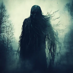 Shadowy Figure in Forest Mist Artwork