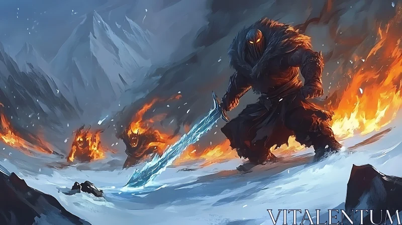 Fantasy Warrior in Snowy Battle Scene AI Image