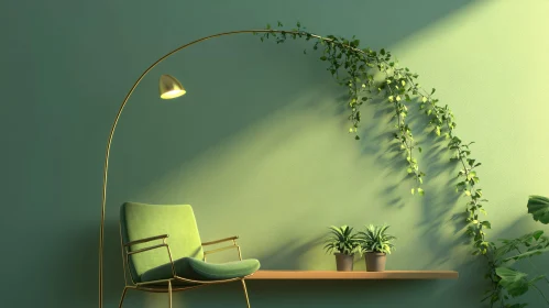 Calm Green Interior with Chair and Plants