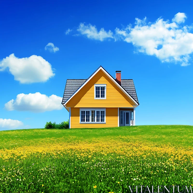 Sunlit Home in a Floral Meadow AI Image