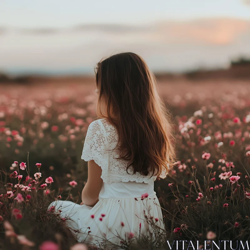 AI ART Child in Floral Meadow Contemplating Sunset