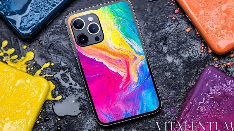 Smartphone with Colorful Screen and Paint Effects AI Image