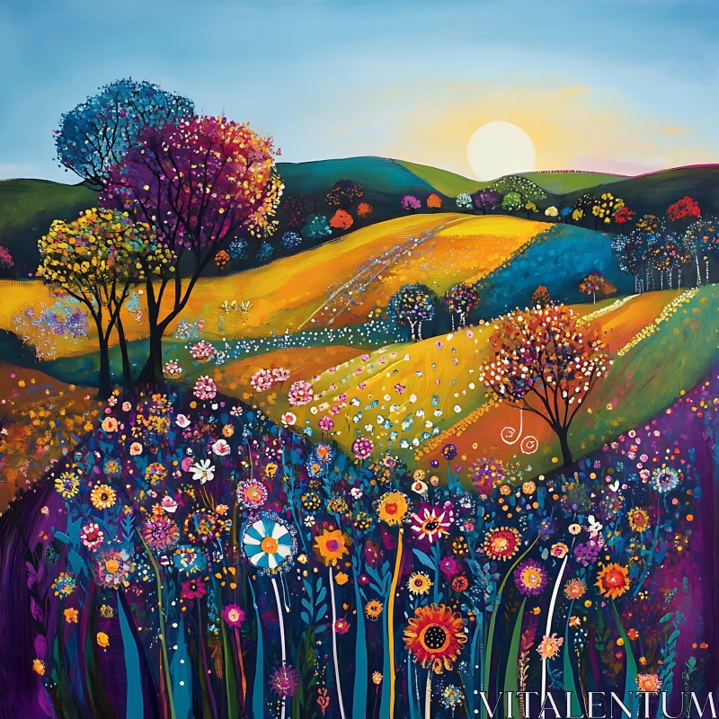 AI ART Whimsical Sunset Over Flower Meadow