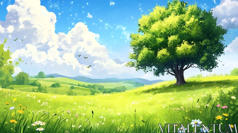 AI ART Picturesque Meadow Landscape with Solitary Tree