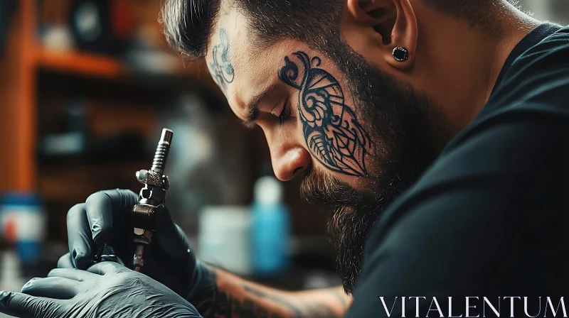 Focused Tattoo Artist with Intricate Face Tattoo AI Image