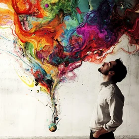 Man Contemplates Colorful Abstract Explosion