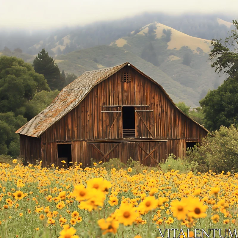 Idyllic Countryside Barn with Mountain View AI Image