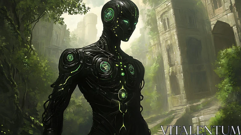 High-Tech Cyborg in Ancient Forest Ruins AI Image