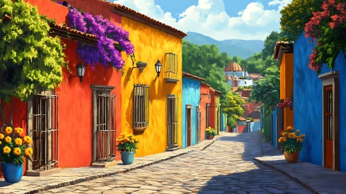 Vibrant Buildings and Flowers on Cobblestone Street