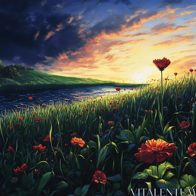 AI ART Field of Poppies at Sunset