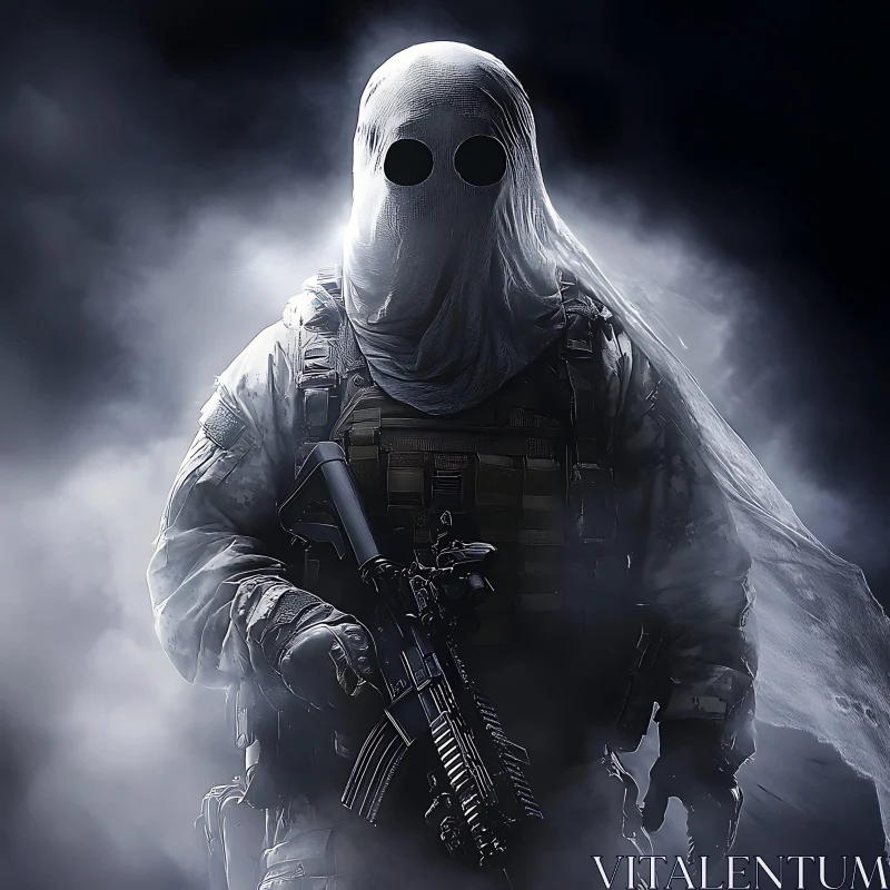 AI ART Spectral Soldier with Weapon in Smoky Ambiance