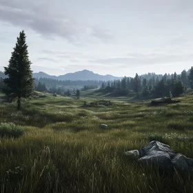 Scenic View of Grassland and Distant Mountains