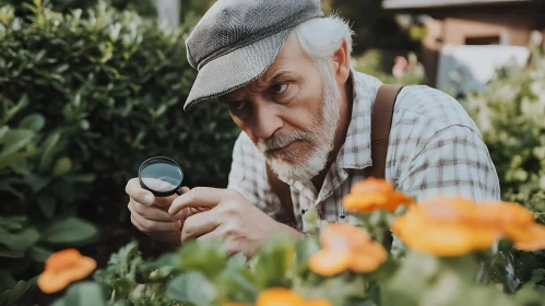 Gardener Examining Blooms Closely