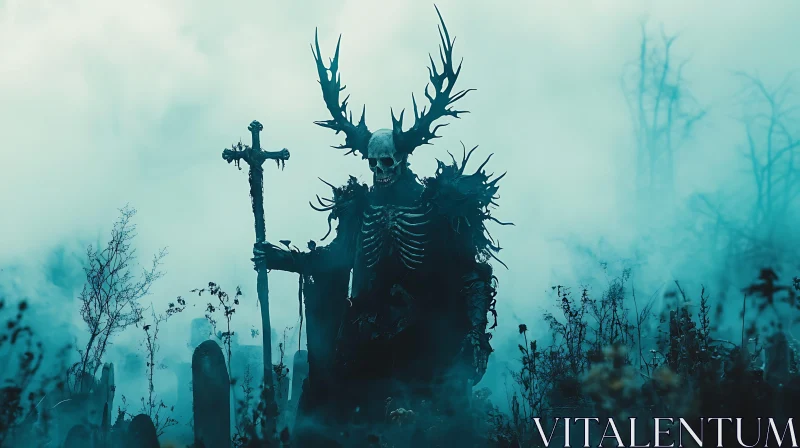 Antlered Skeleton in Foggy Cemetery AI Image