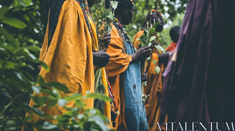 People Holding Leaves in Traditional Garb AI Image