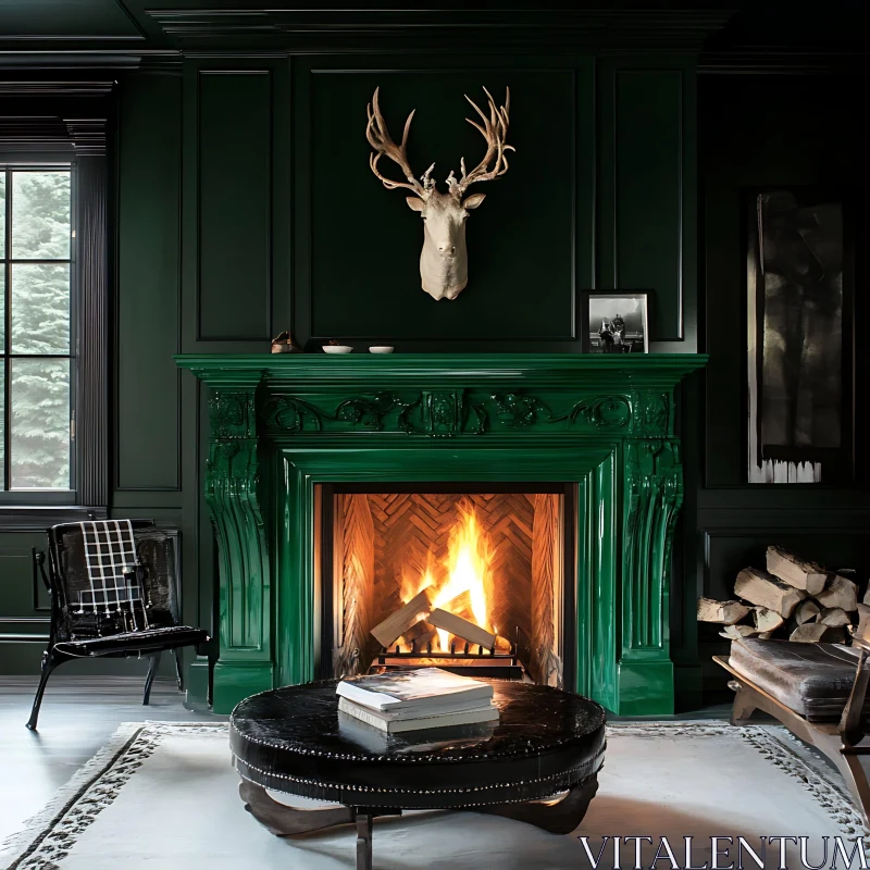 AI ART Cozy Green Fireplace with Mounted Deer