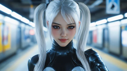 White-Haired Anime Character in Modern Subway Scene