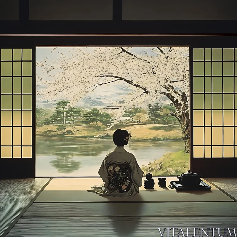 Woman in Kimono by Lake AI Image