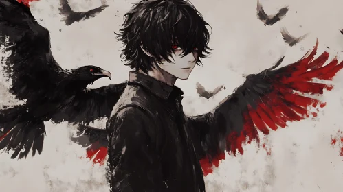 Dark Anime Character with Birds