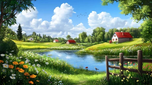 Scenic Lake View with Houses and Flowers