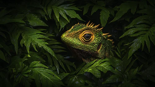 Emerald Lizard Among Ferns