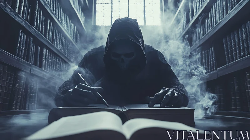 AI ART Hooded Figure Writing in Ancient Library