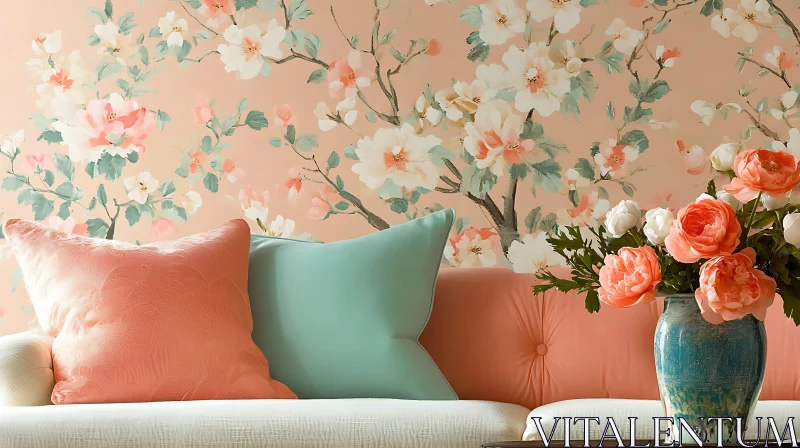 AI ART Pastel Floral Couch with Vase of Flowers